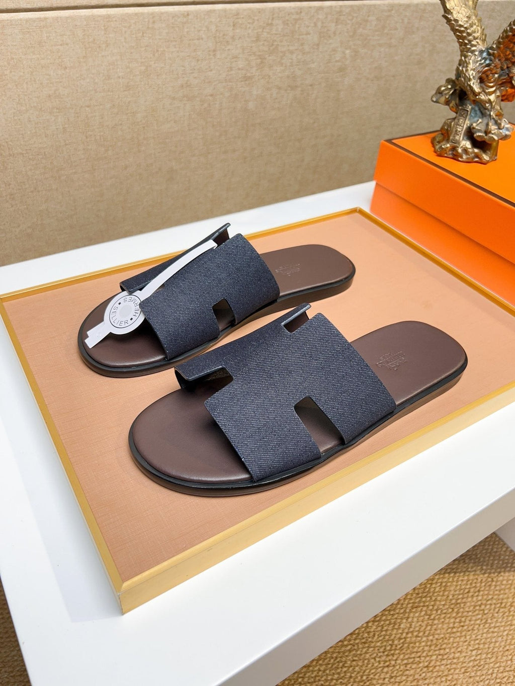 Hermès Dark Navy Blue H-Strap Slide Sandals — front