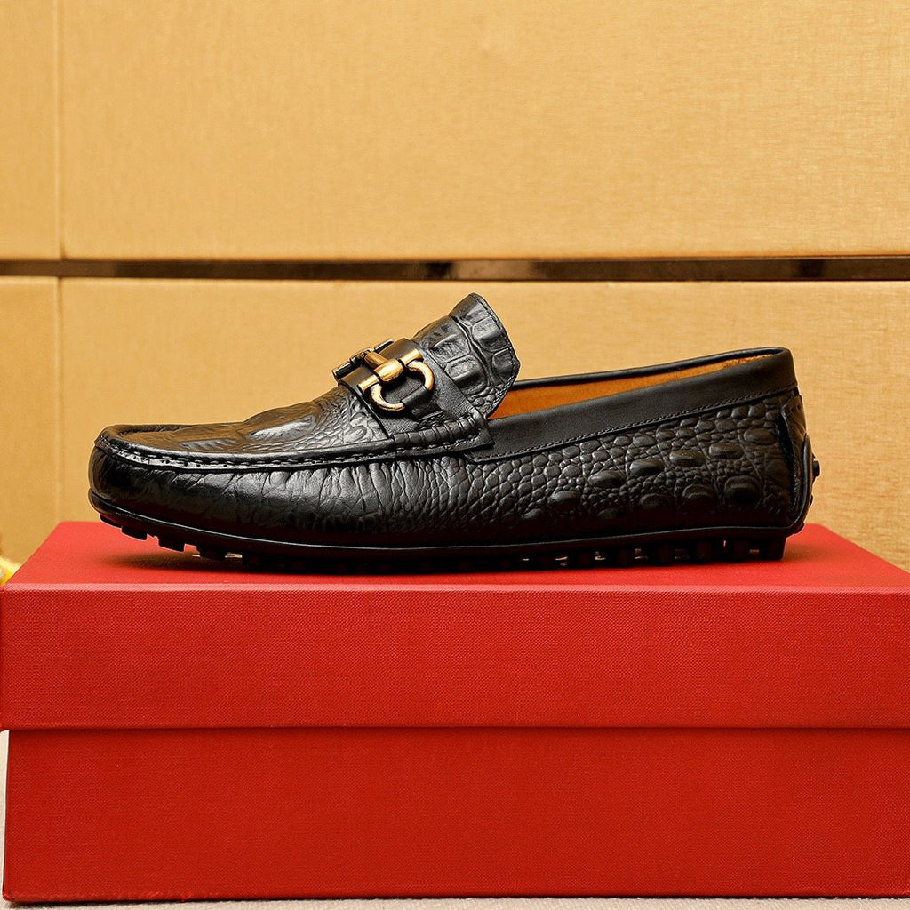 Ferragamo Black Embossed Leather Loafers — side