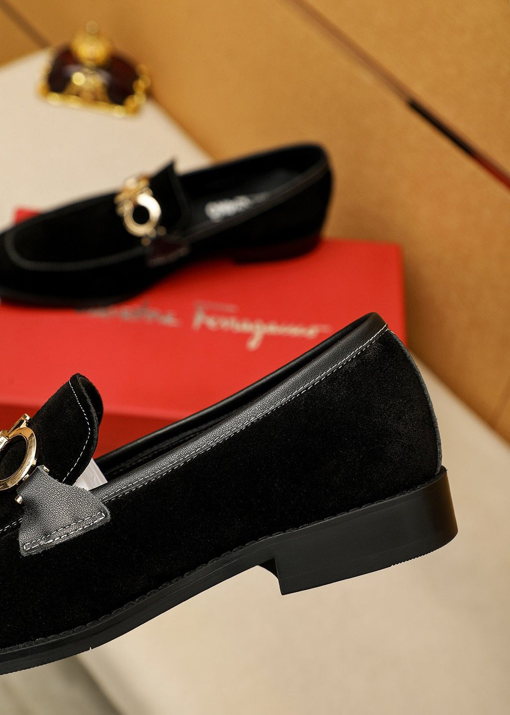 Ferragamo Black Suede Hardware Loafers — side