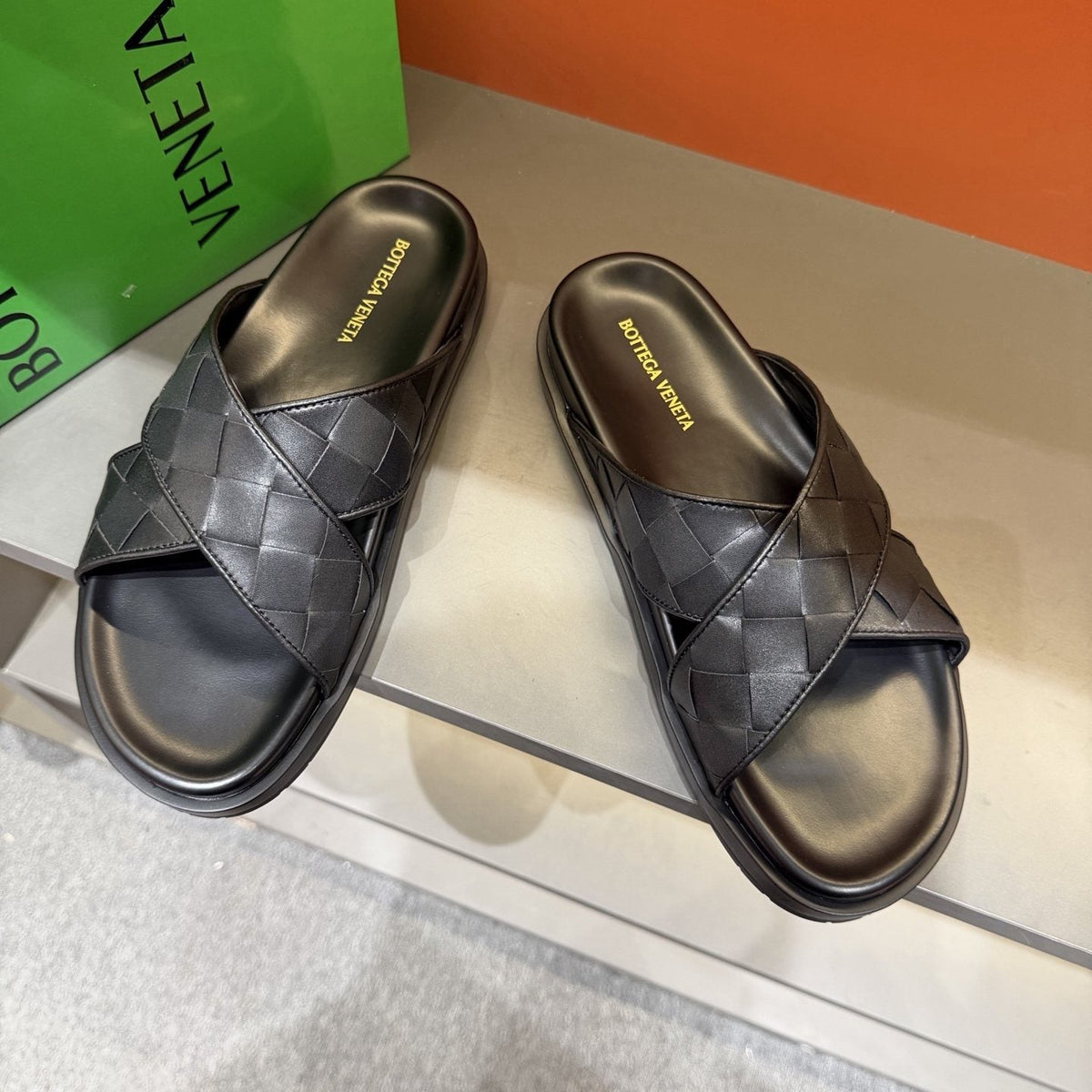 Bottega Veneta Black Woven Slide Sandals — front