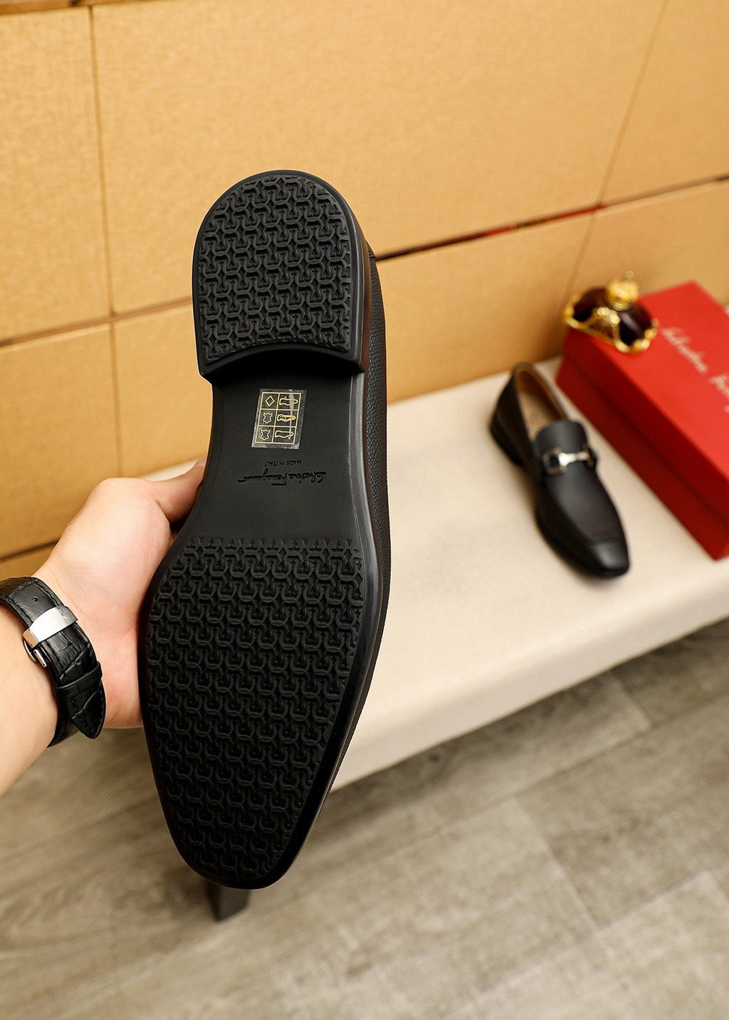 Black Textured Buckle Slip-On Loafers — model