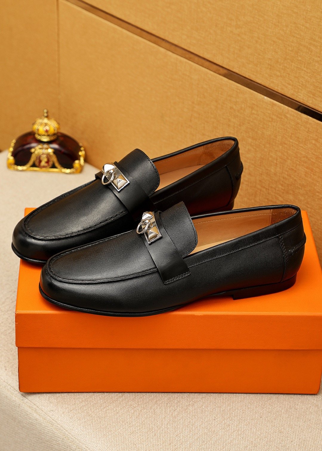 Hermes Black Leather Hardware Loafers — front