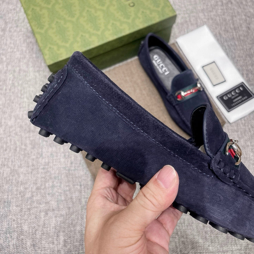 Gucci Navy Striped-Bit Driving Loafers — detail