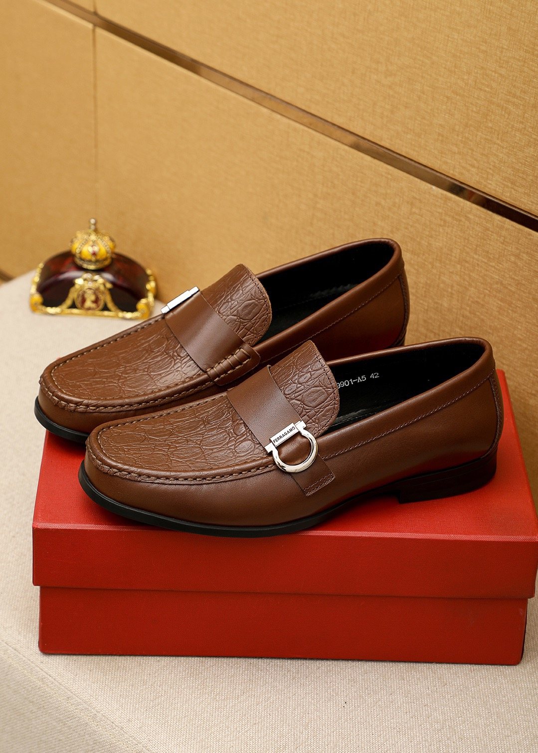 Ferragamo Textured Metal Bit Leather Loafers — front