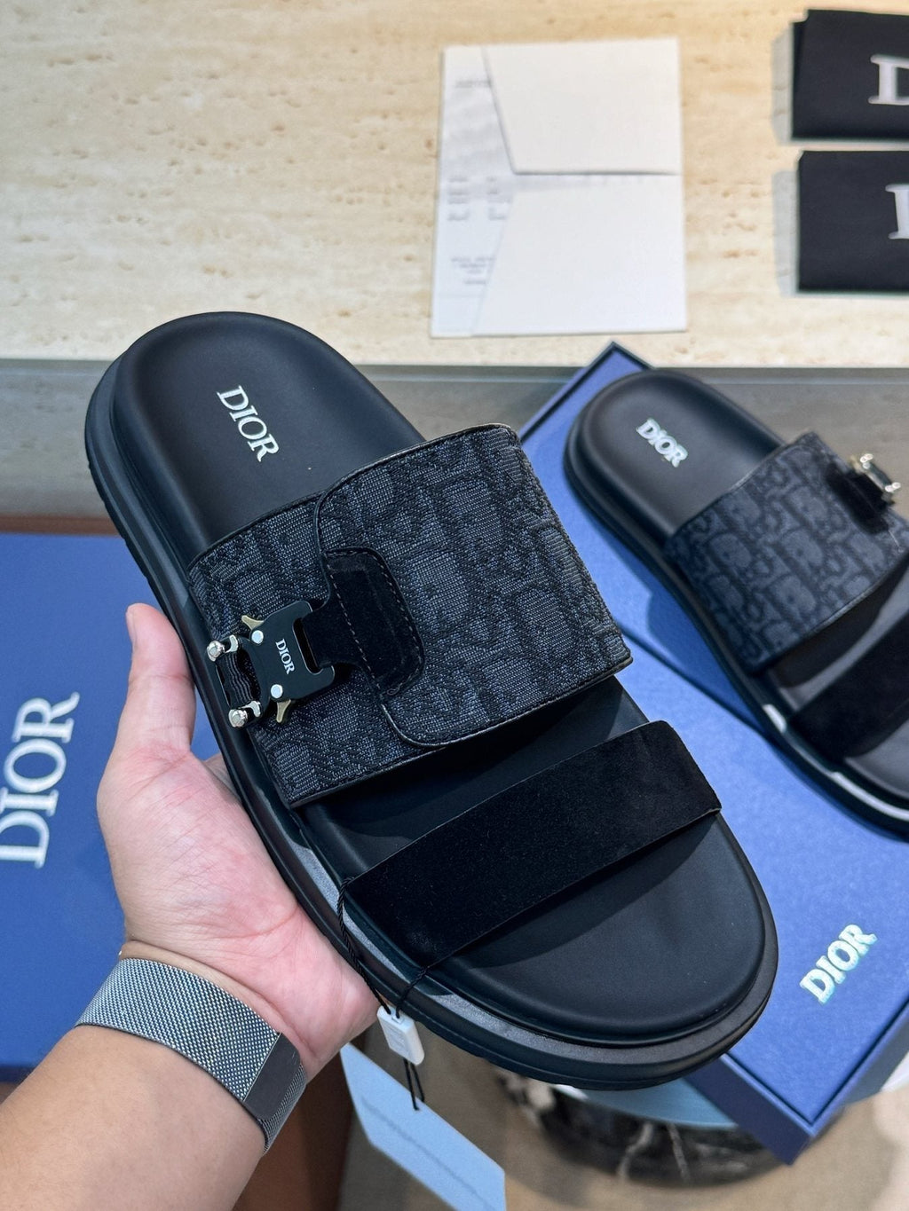 Dior Aqua Monogram Slide Sandals — model