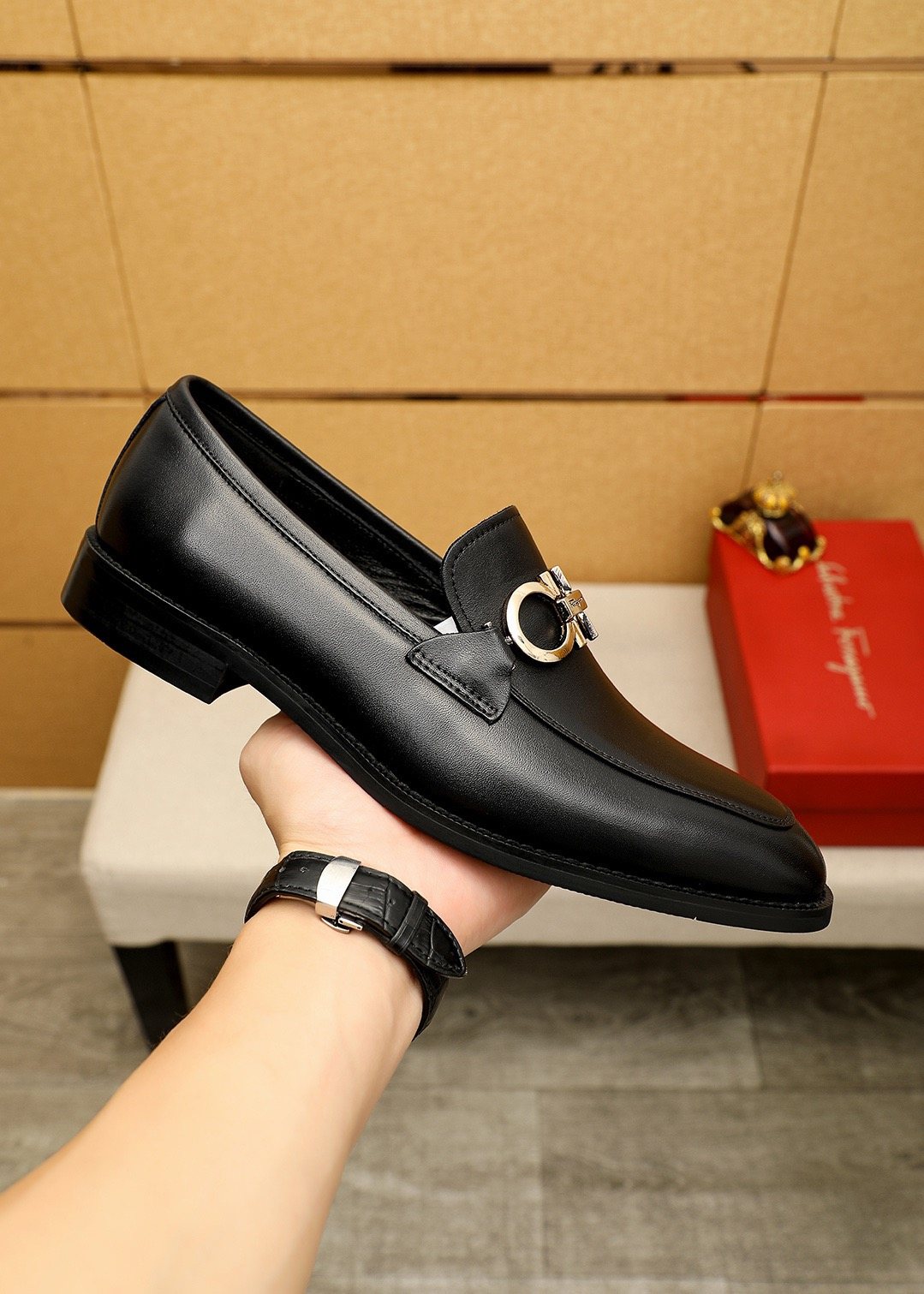 Ferragamo Black Metal Buckle Loafers — model