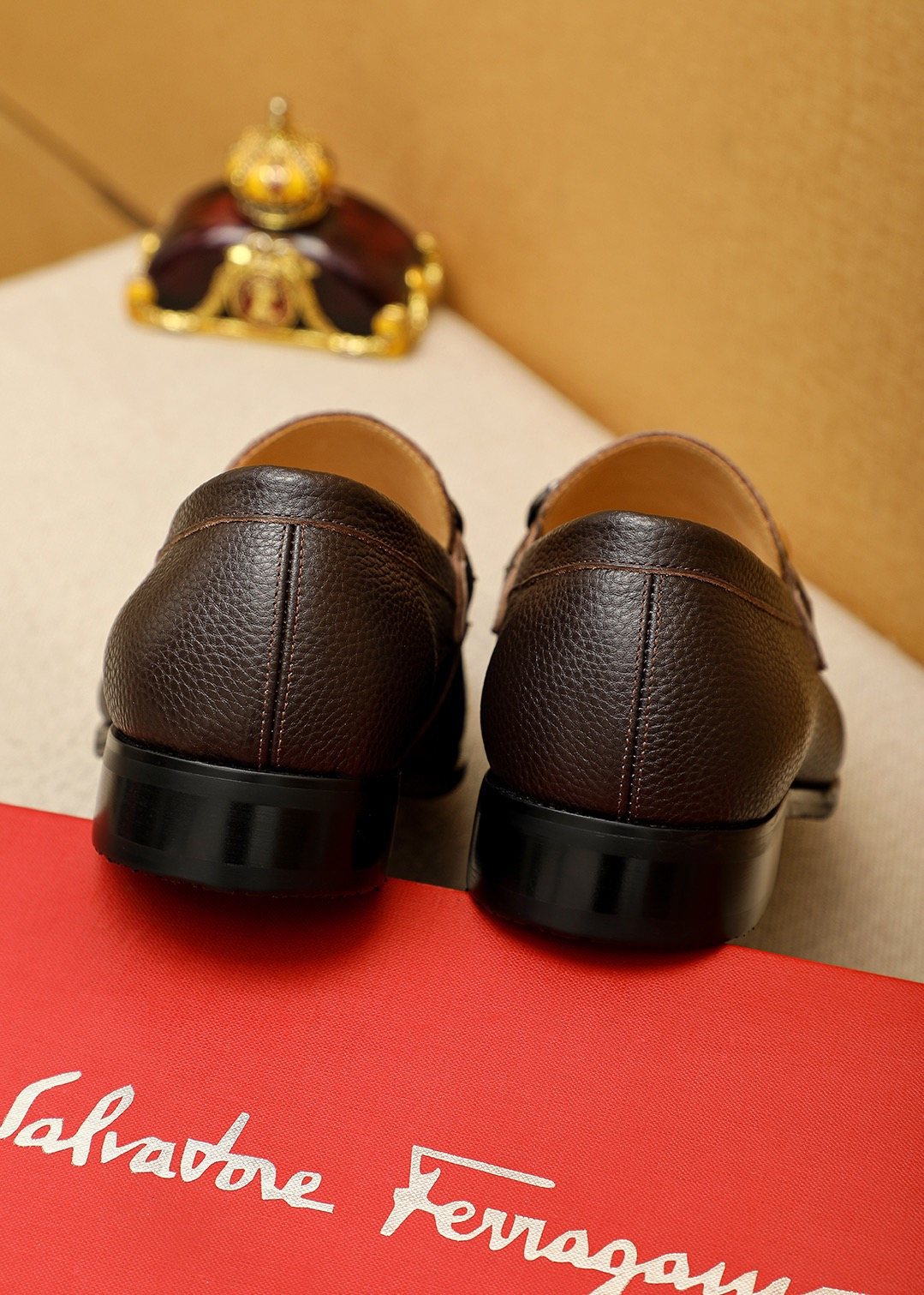 Ferragamo Pebble Leather Buckle Loafers — back