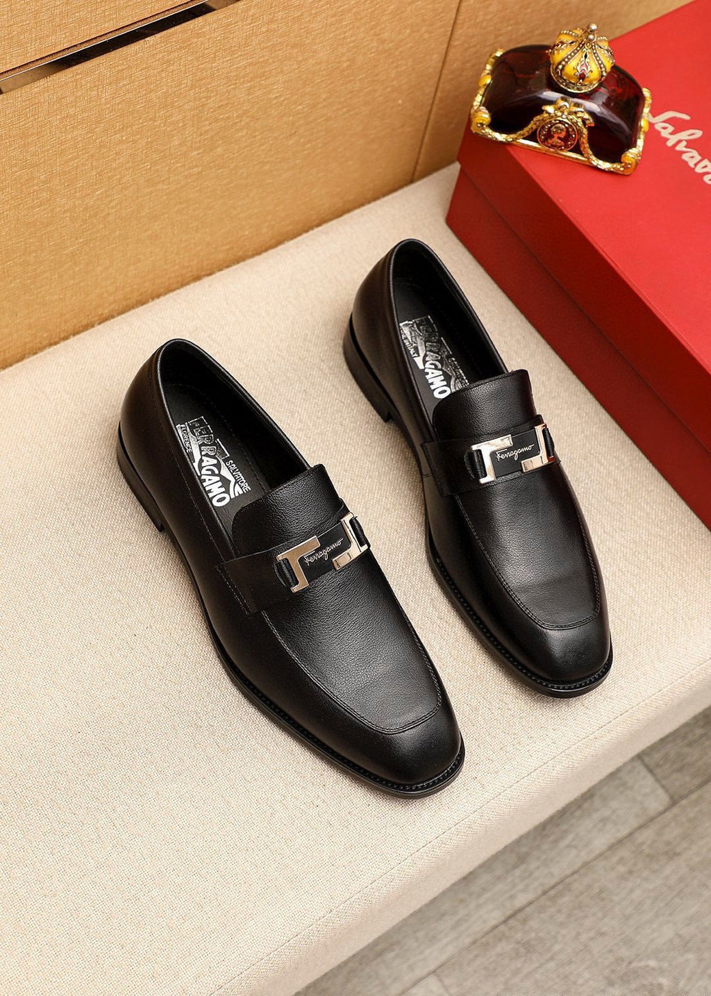 Ferragamo Black Buckle Loafers — hero